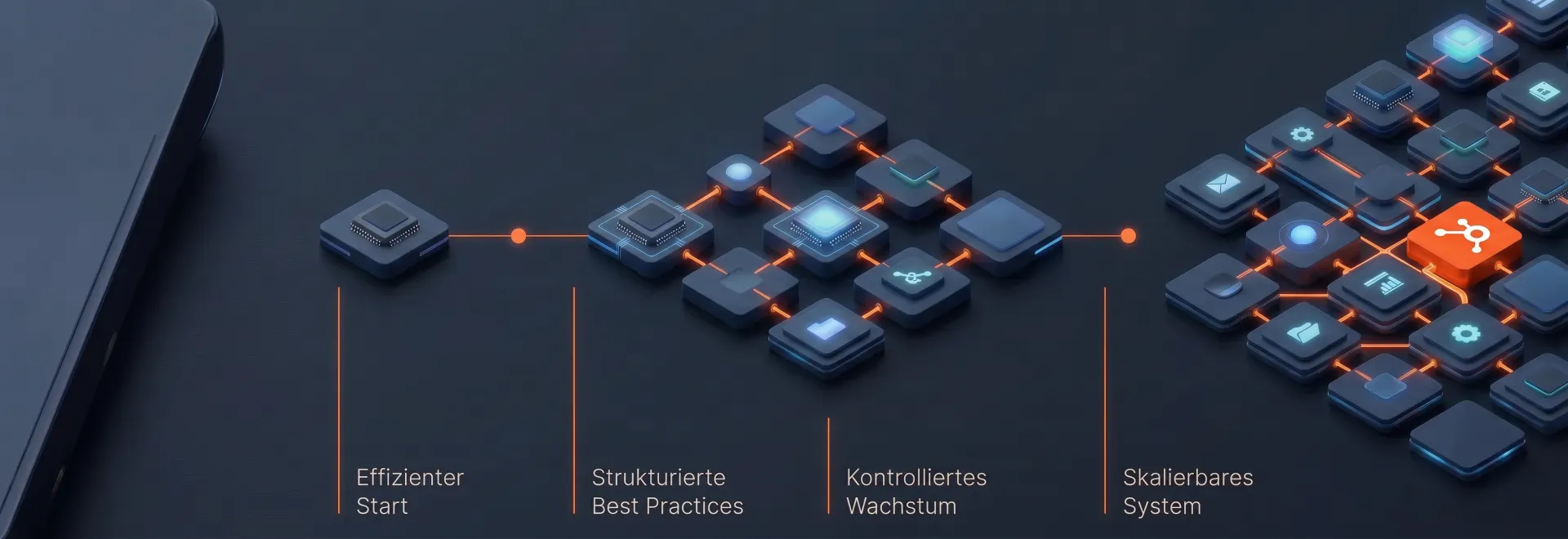 Dunkle Grafik mit vier vernetzten, dreidimensionalen Schaltkreismodellen.