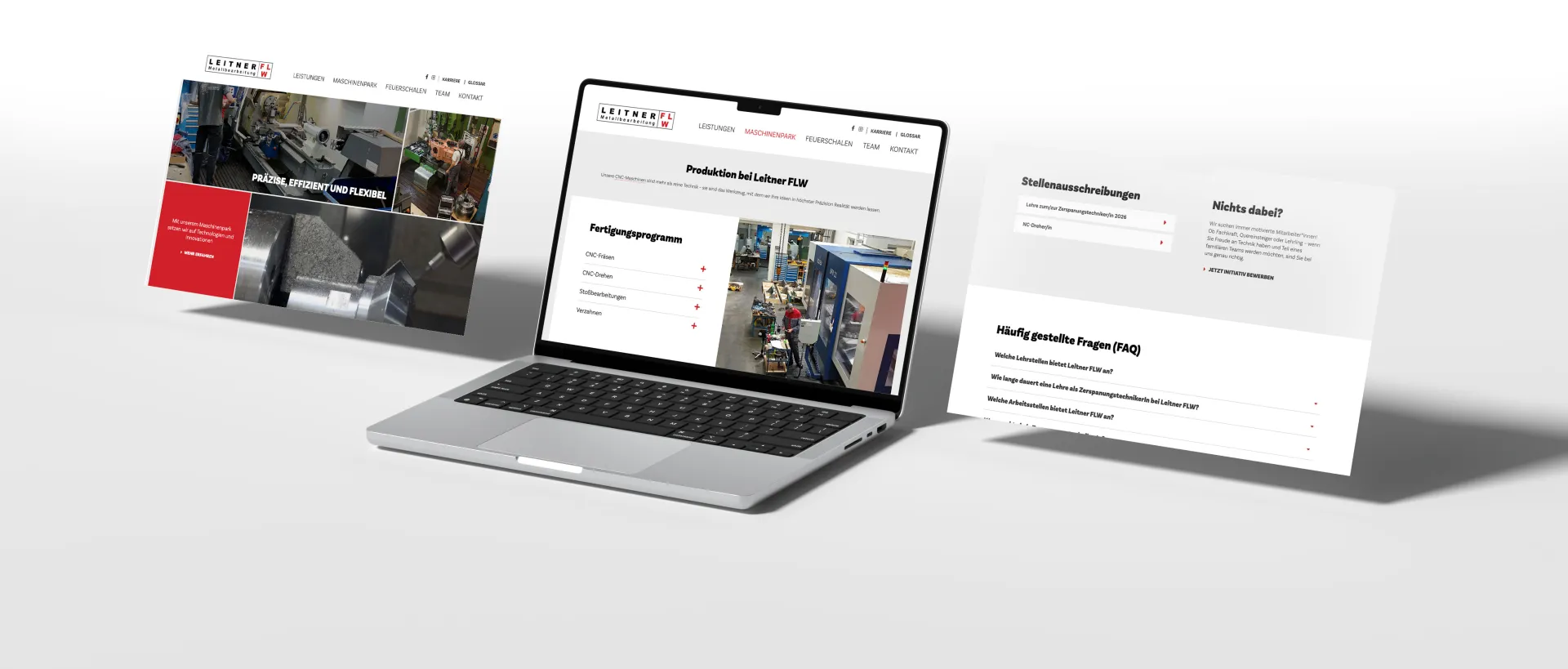 Grafik mit Laptop und drei schwebenden Webseiten-Karten vor grauem Hintergrund.
