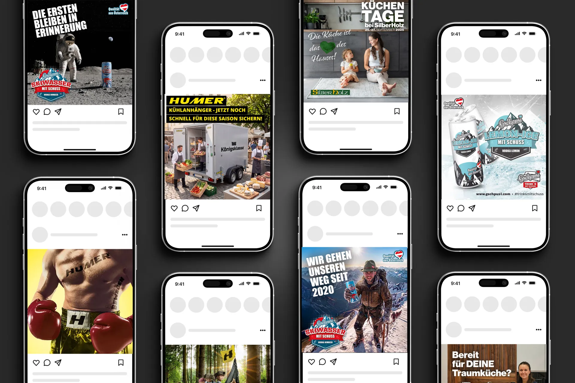Collage aus sechs Smartphone-Ansichten mit Social-Media-Posts und verschiedenen Werbemotiven.