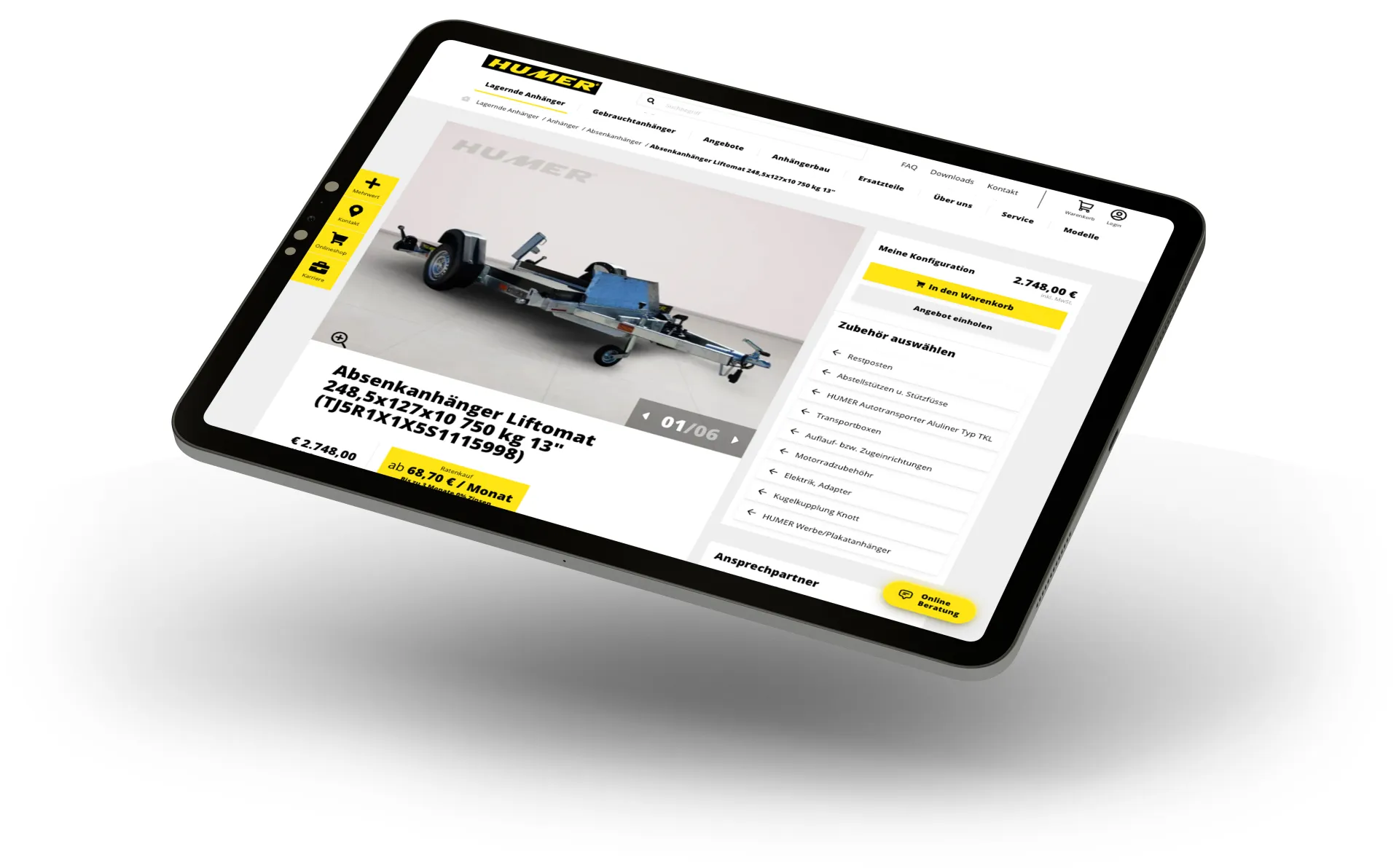 Schräg dargestelltes Tablet mit einer Website und gelben Markierungen auf weißem Hintergrund.