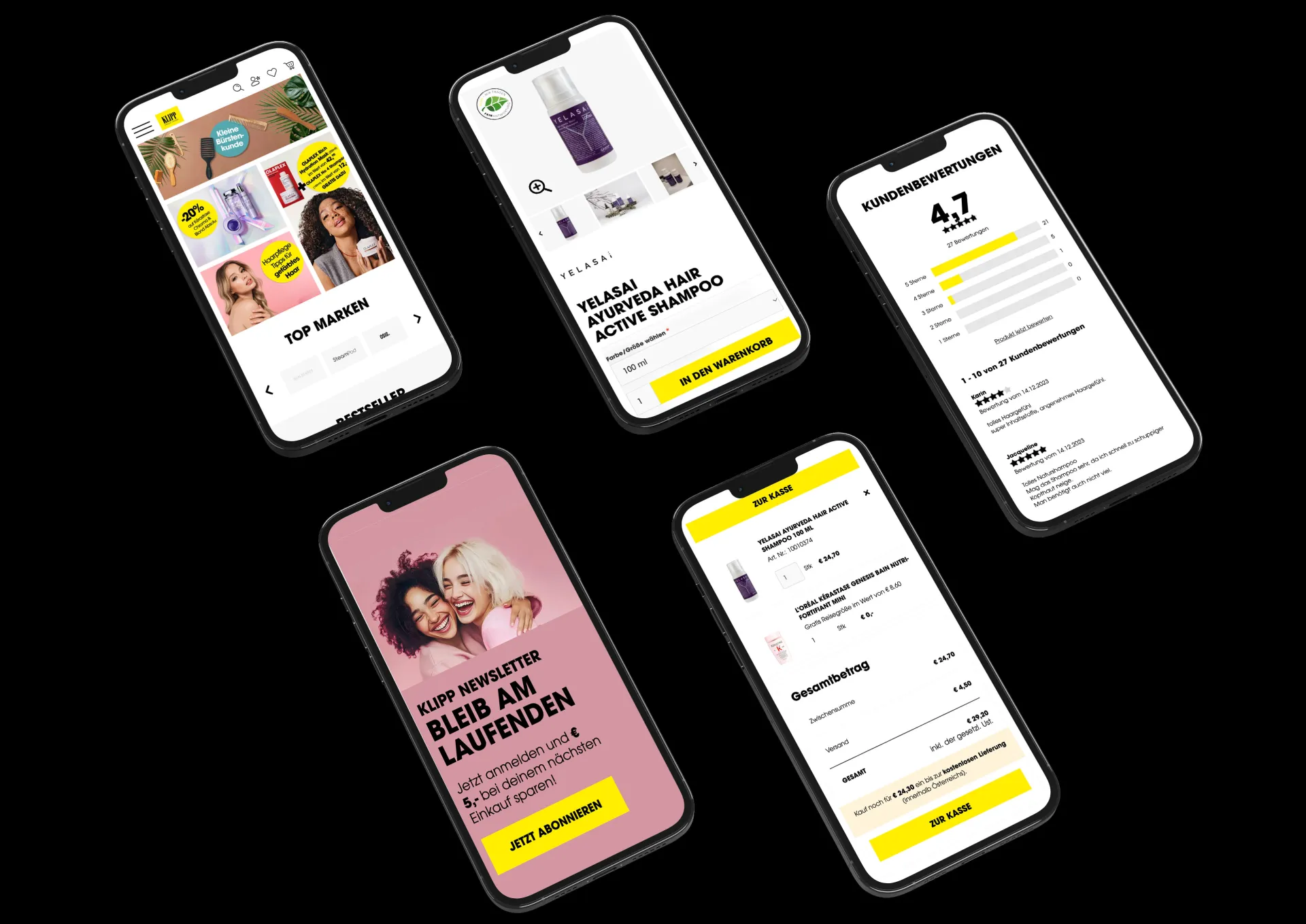 Grafik mit fünf Smartphone-Bildschirmen einer App in verschiedenen Ansichten.