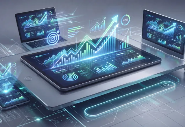 Futuristischer Arbeitsplatz mit leuchtendem Laptop, Monitoren und digitalen Netzwerken.