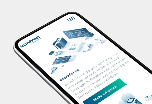 Schräg dargestelltes Smartphone mit geöffneter Website auf weißem Hintergrund.