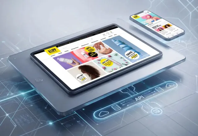 Grafik eines Tablets mit bunten Magazinseiten auf futuristischem, digitalem Hintergrund.