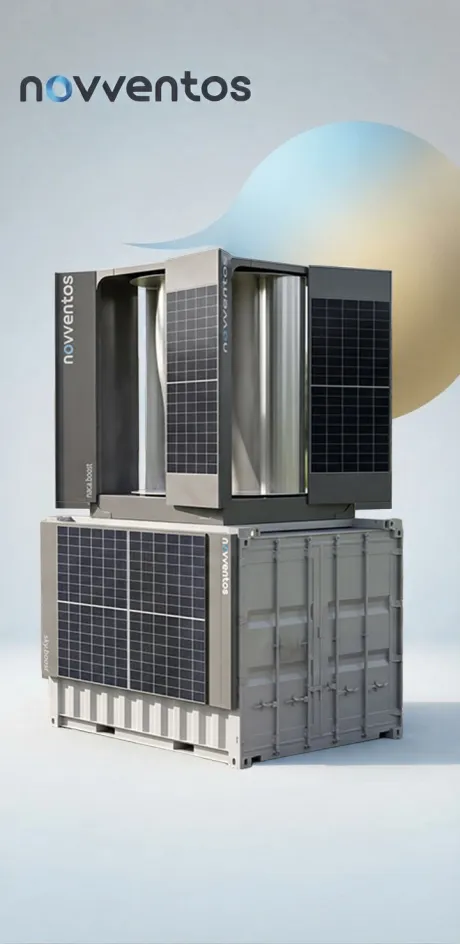 Grafik eines modularen Batteriespeichers mit Solarpaneelen und Servermodulen.