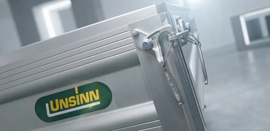 Nahaufnahme einer silbernen Maschine mit grün-gelbem UNISINN-Logo in einer Werkhalle.