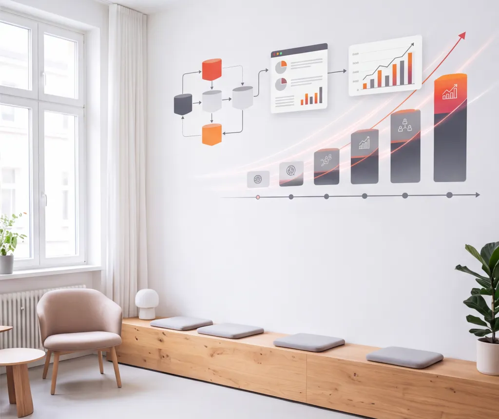 Helles Büro mit Holztisch, Pflanzen und dekorativen Diagrammen an der Wand.