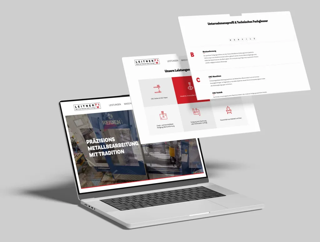Schwebende Website-Ansichten über einem Laptop auf grauem Hintergrund.